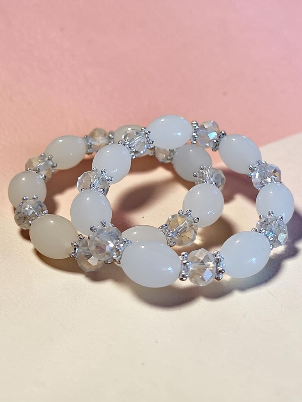 Sassified Boutique Nwt Glass White Beaded Stretch Bracelet Set.